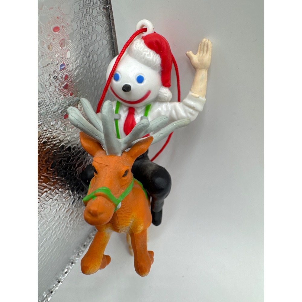 Vintage Jack in the Box Mascot Riding Reindeer Christmas Ornament Santa Hat PVC